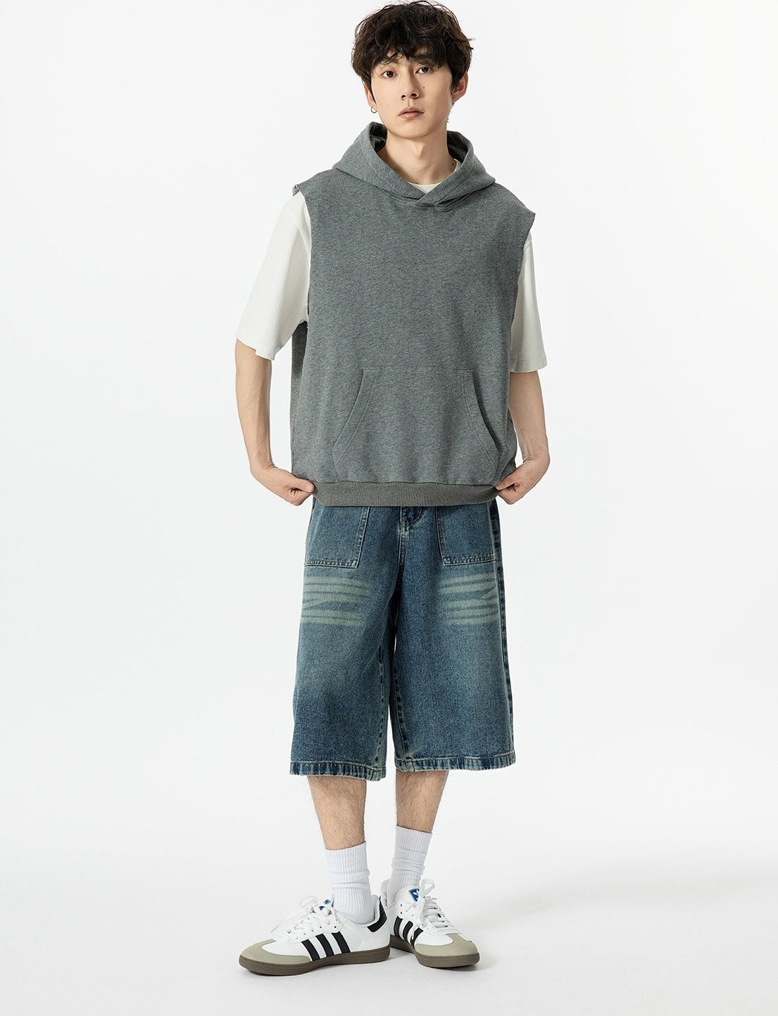 Grey Loose Sleeveless Hoodie