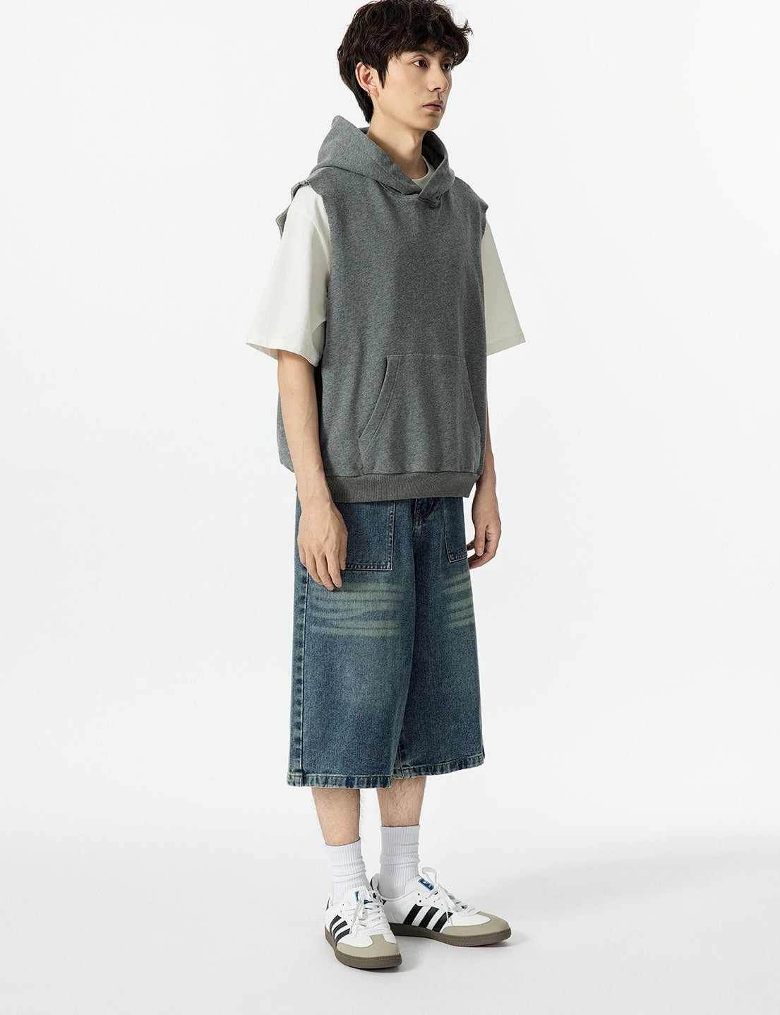 Grey Loose Sleeveless Hoodie