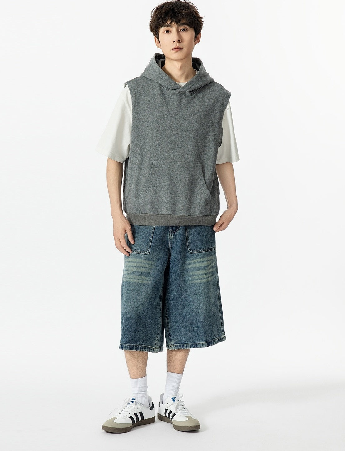 Grey Loose Sleeveless Hoodie