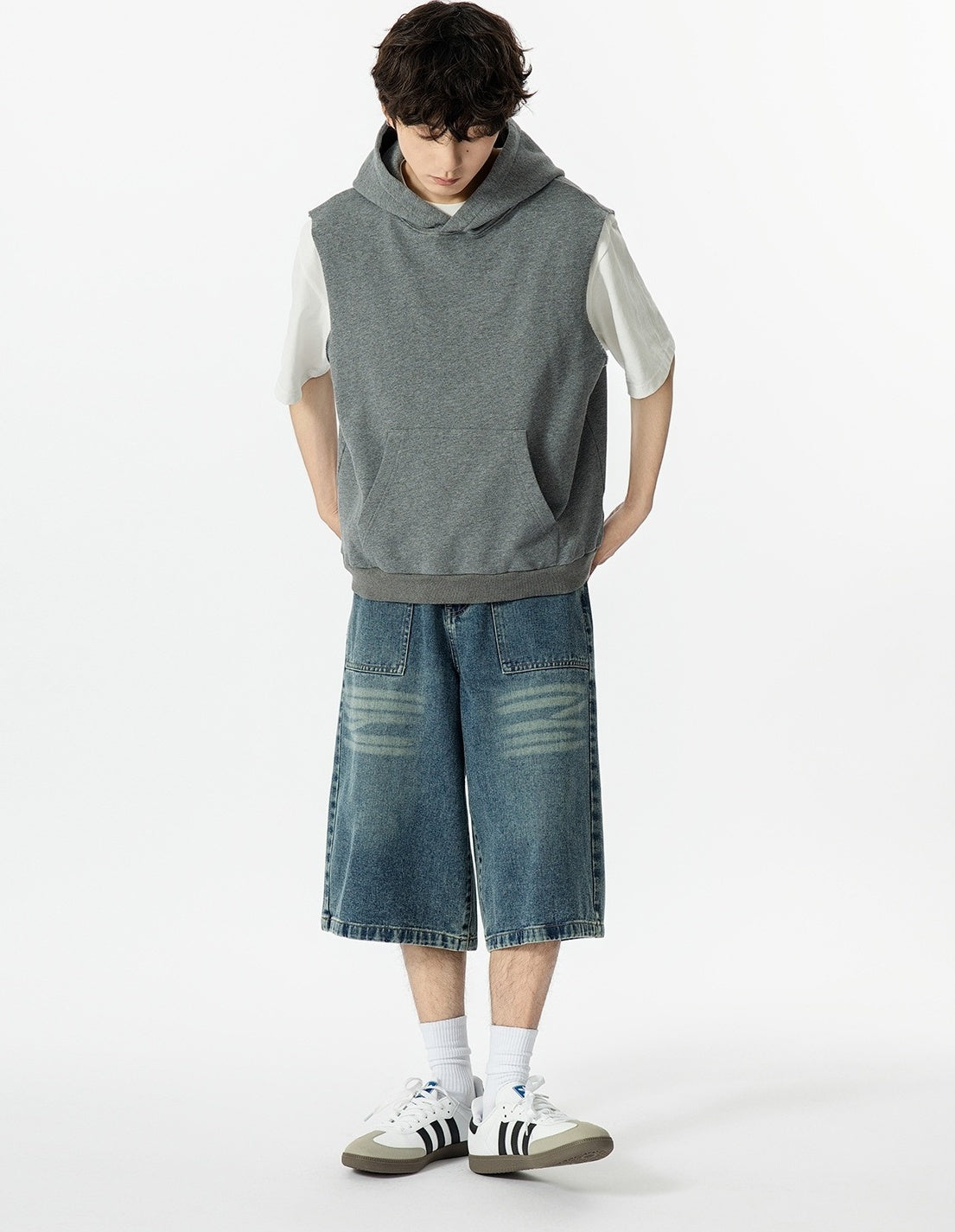 Grey Loose Sleeveless Hoodie