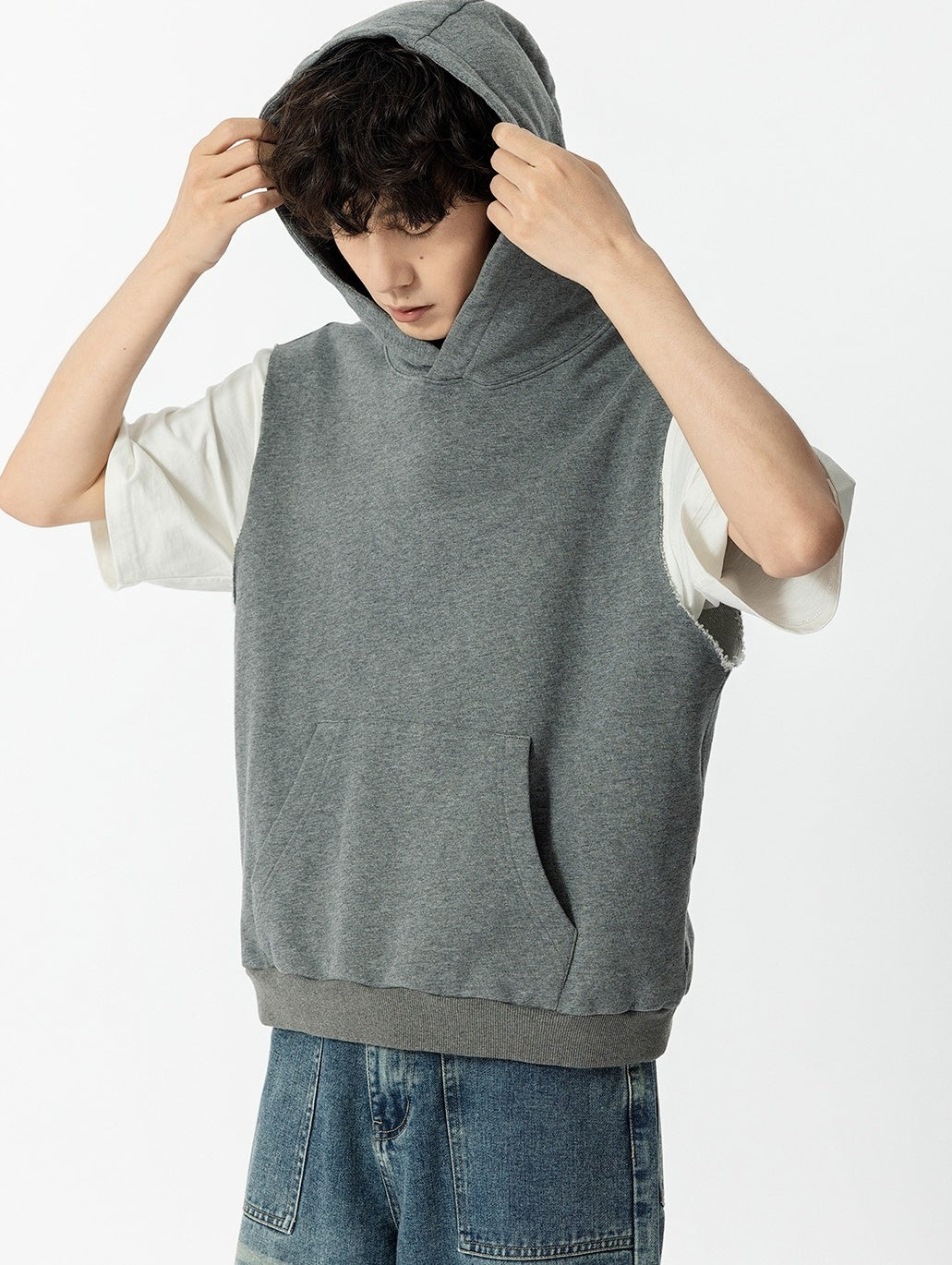 Grey Loose Sleeveless Hoodie