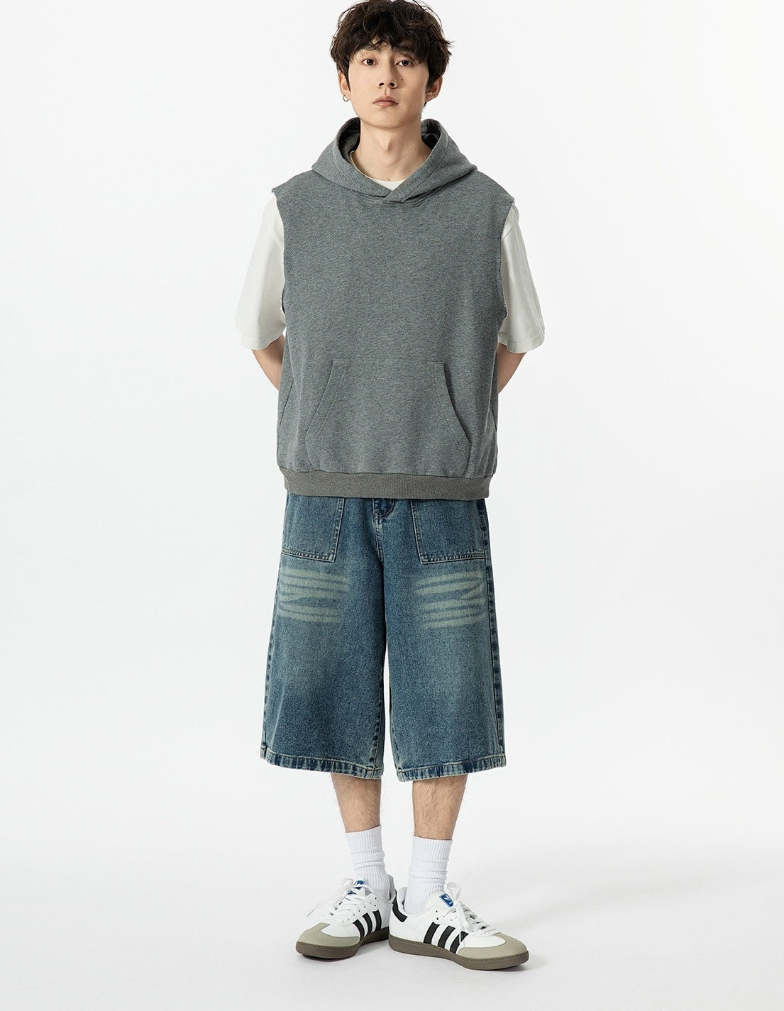 Grey Loose Sleeveless Hoodie