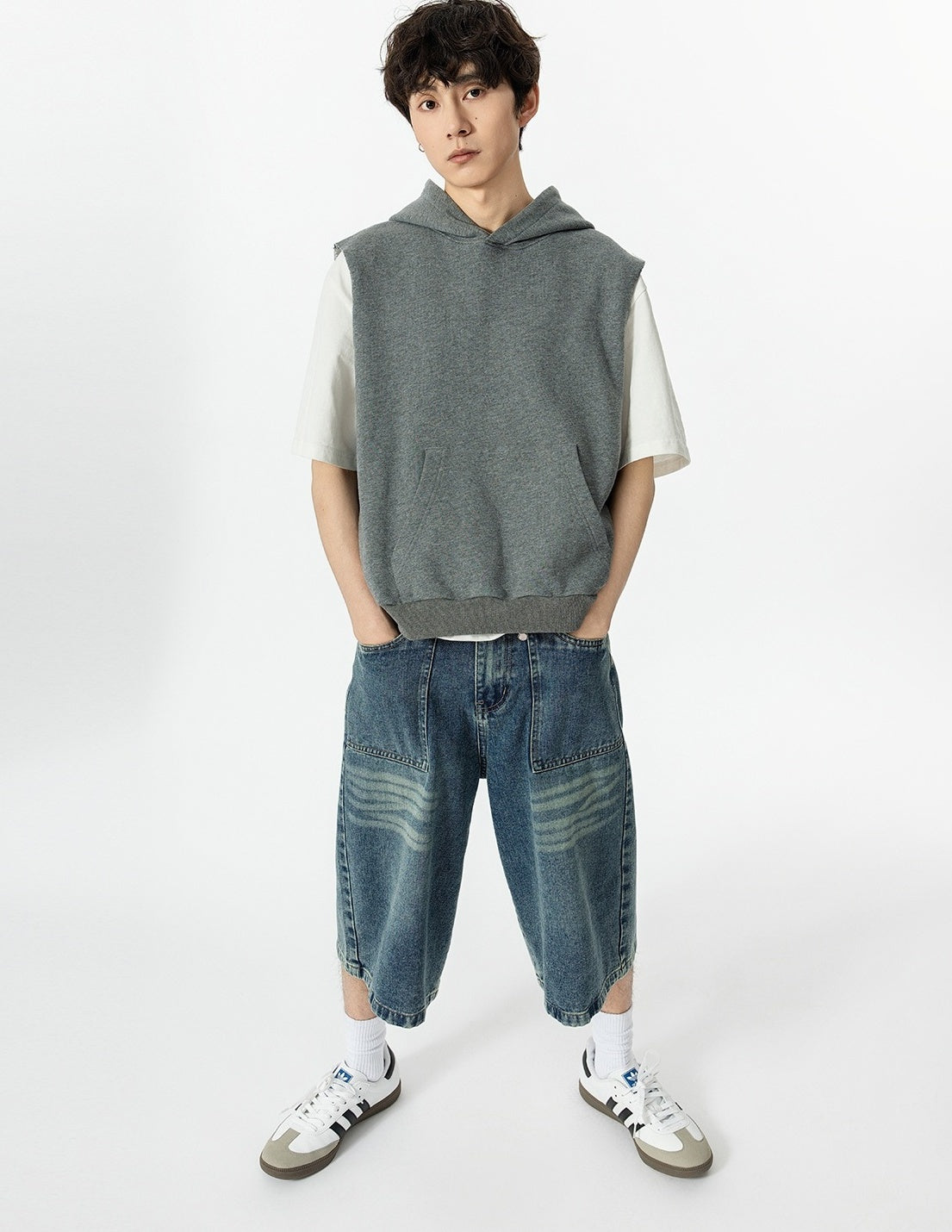 Grey Loose Sleeveless Hoodie