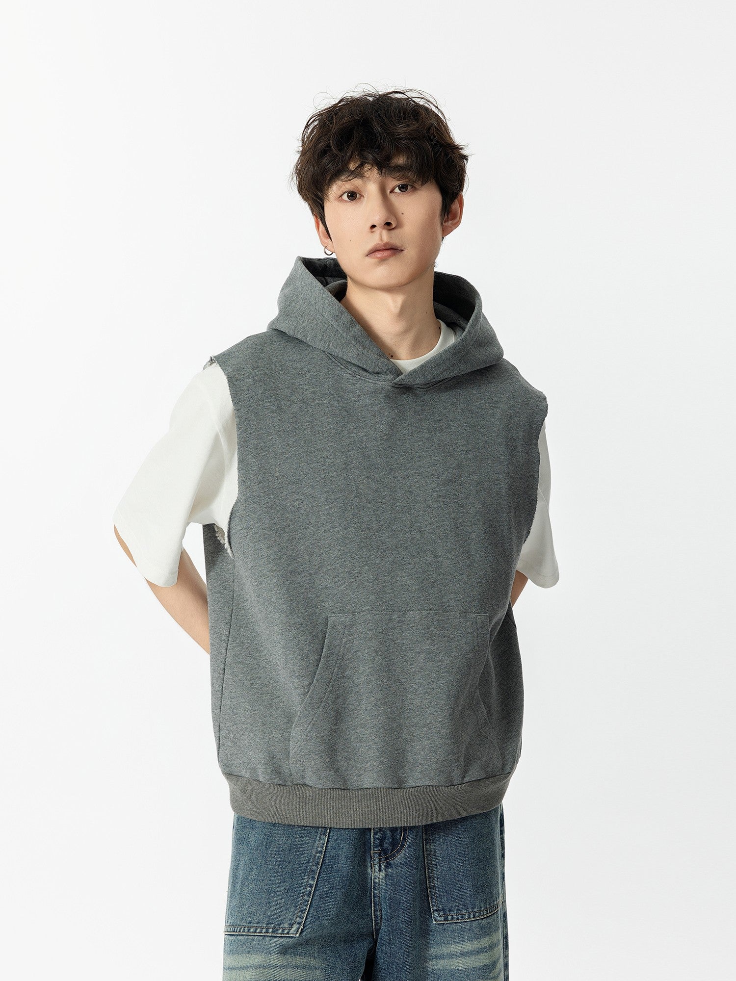 Grey Loose Sleeveless Hoodie