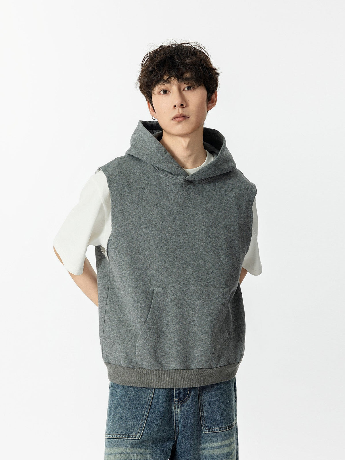 Grey Loose Sleeveless Hoodie