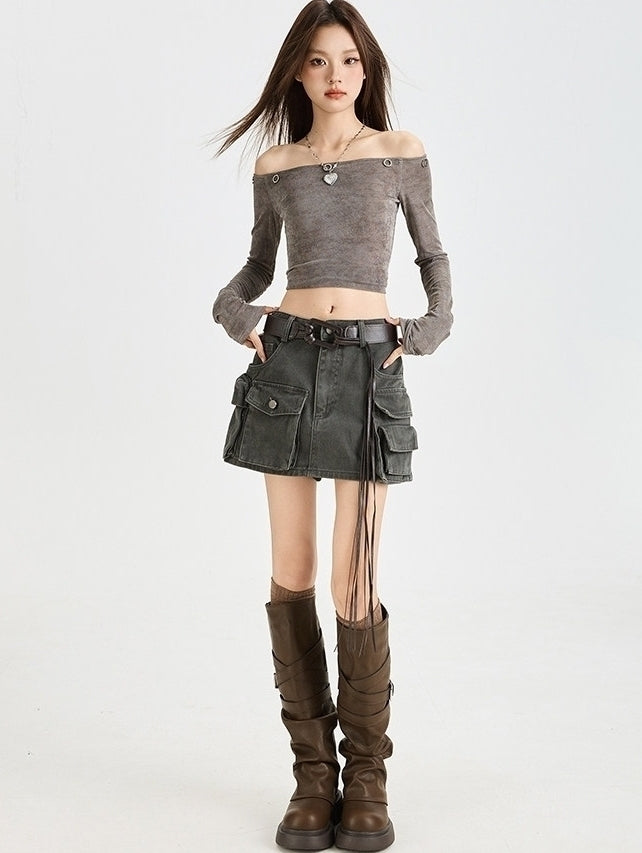 Grey Multi-Pocket Cargo Skirt