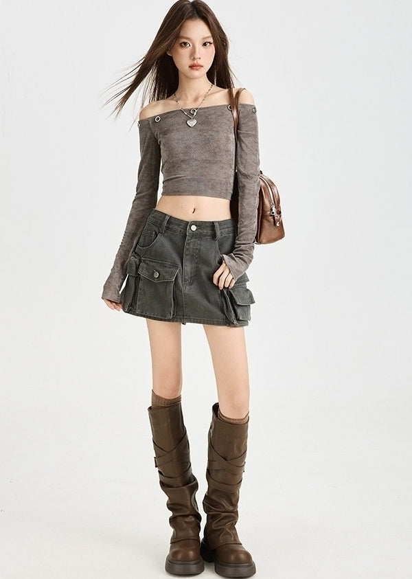 Grey Multi-Pocket Cargo Skirt