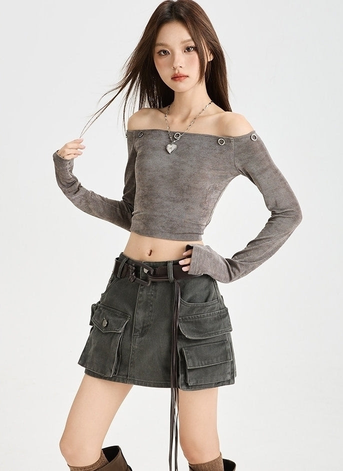 Grey Multi-Pocket Cargo Skirt