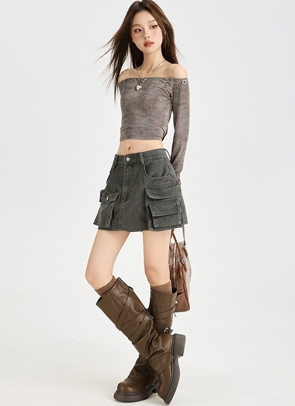 Grey Multi-Pocket Cargo Skirt