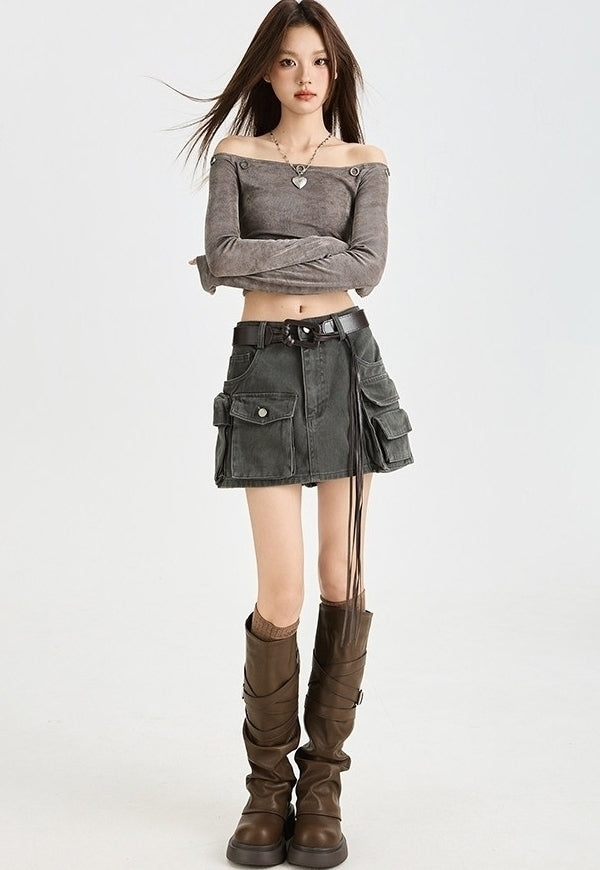 Grey Multi-Pocket Cargo Skirt