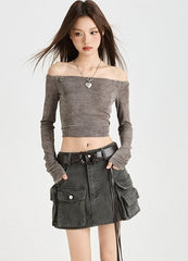 Grey Multi-Pocket Cargo Skirt