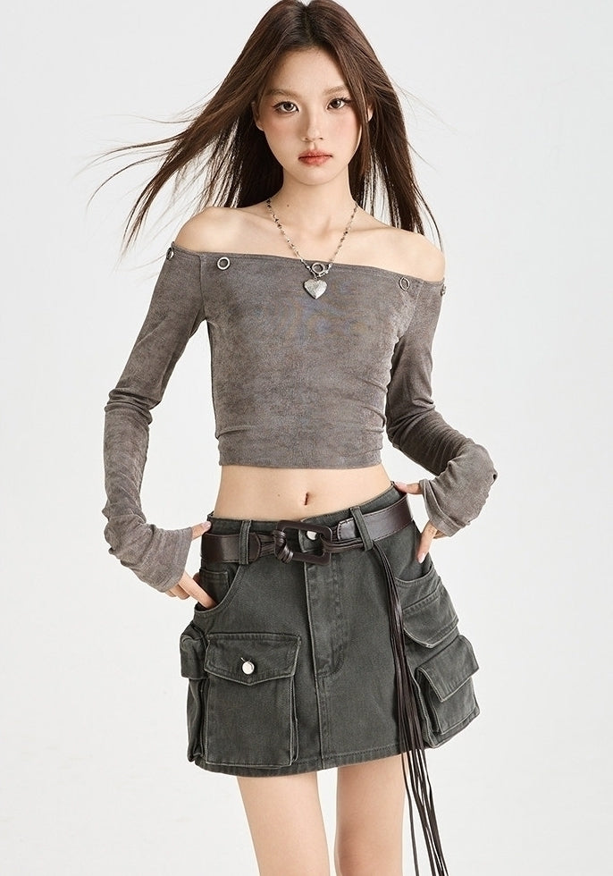 Grey Multi-Pocket Cargo Skirt