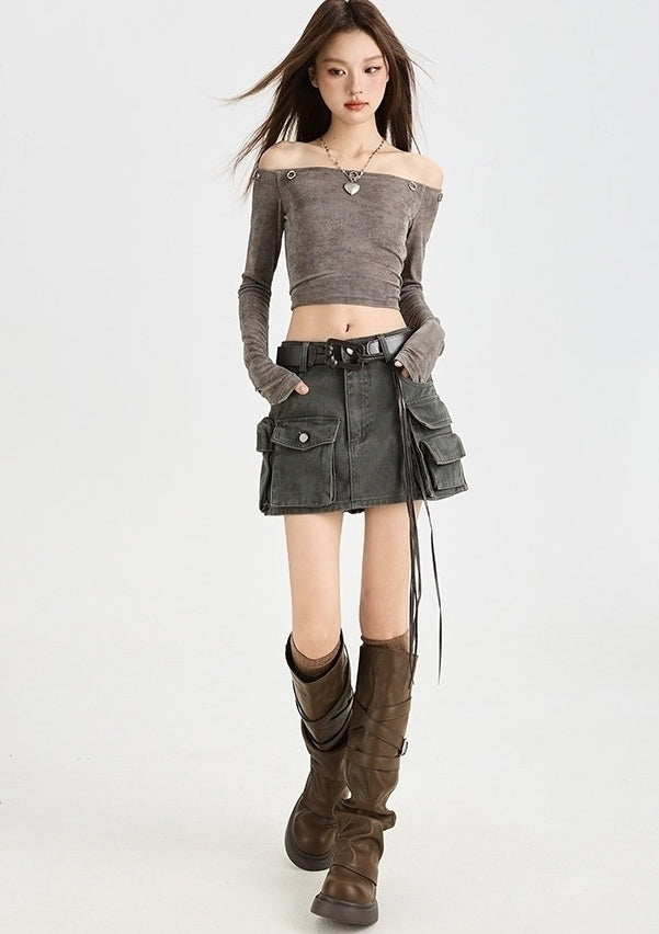 Grey Multi-Pocket Cargo Skirt