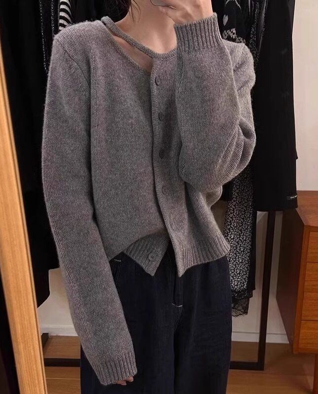 Grey Neckline Cut-Out Cardigan