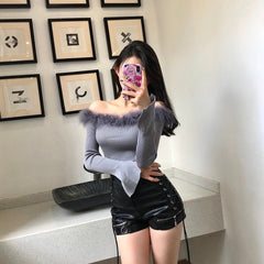 Grey Off-Shoulder Fur Trim Knit Top