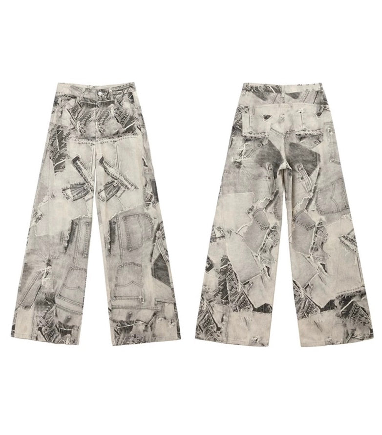 Grey Patchwork Print Wide-Leg Edgy Jeans