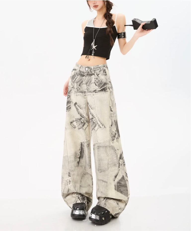 Grey Patchwork Print Wide-Leg Edgy Jeans