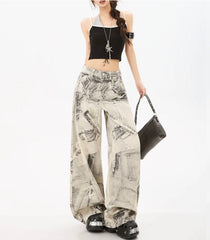 Grey Patchwork Print Wide-Leg Edgy Jeans