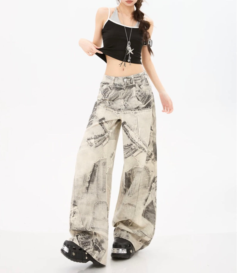 Grey Patchwork Print Wide-Leg Edgy Jeans