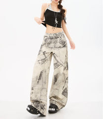 Grey Patchwork Print Wide-Leg Edgy Jeans