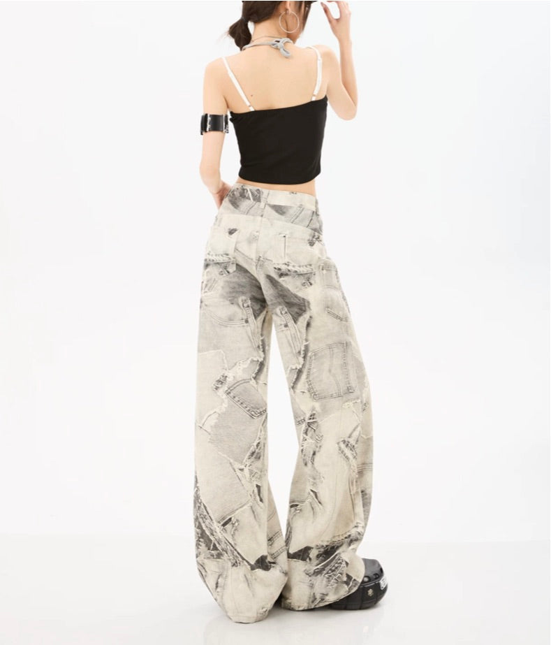 Grey Patchwork Print Wide-Leg Edgy Jeans