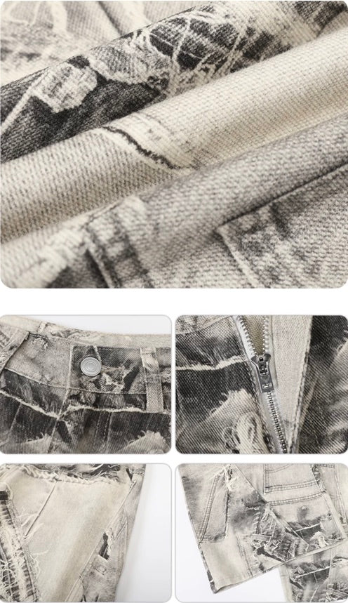 Grey Patchwork Print Wide-Leg Edgy Jeans