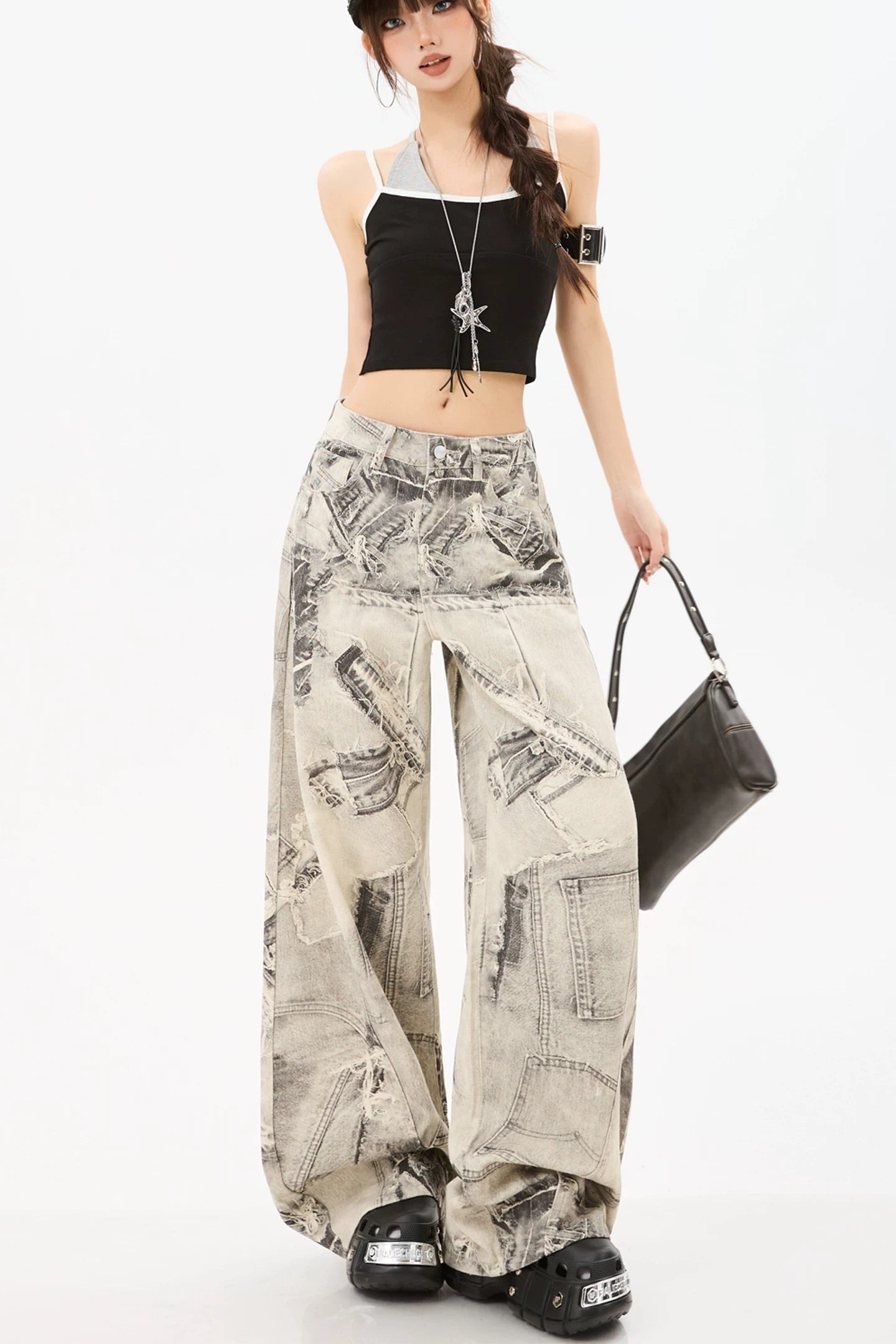 Grey Patchwork Print Wide-Leg Edgy Jeans