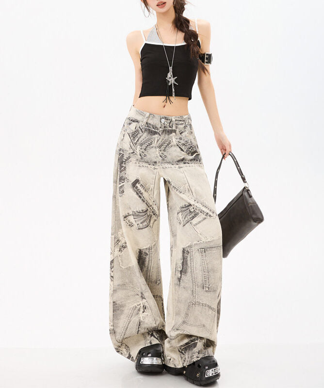 Grey Patchwork Print Wide-Leg Edgy Jeans