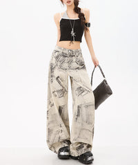 Grey Patchwork Print Wide-Leg Edgy Jeans