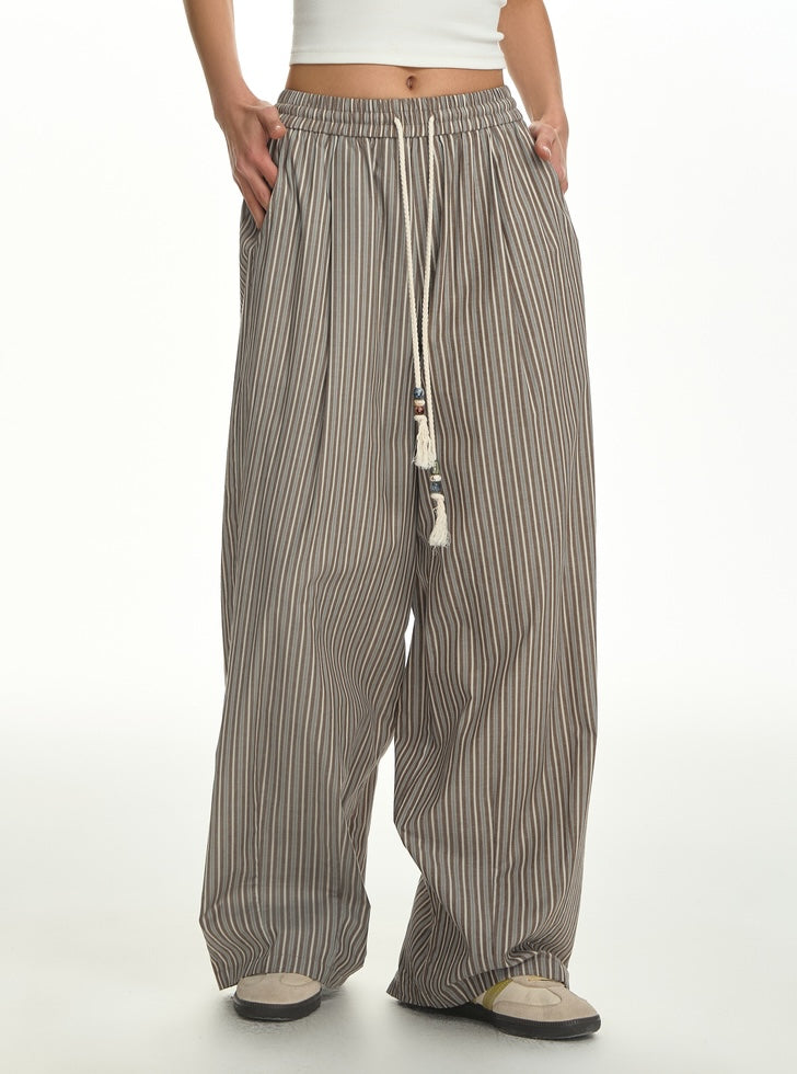Grey Pinstripe Pleated Wide-Leg Pants