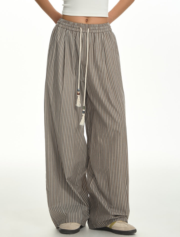 Grey Pinstripe Pleated Wide-Leg Pants