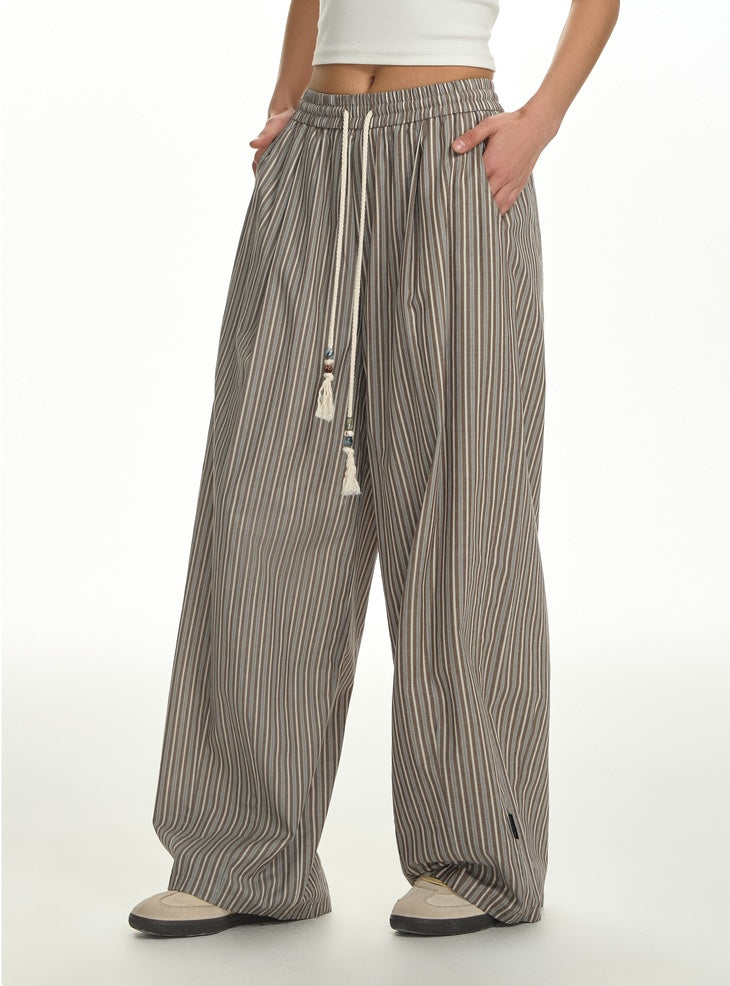 Grey Pinstripe Pleated Wide-Leg Pants