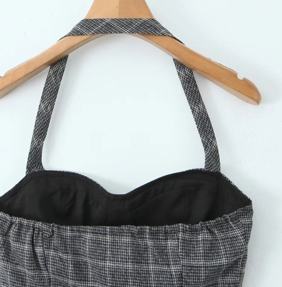 Grey Plaid Lace-Trim Halter Top