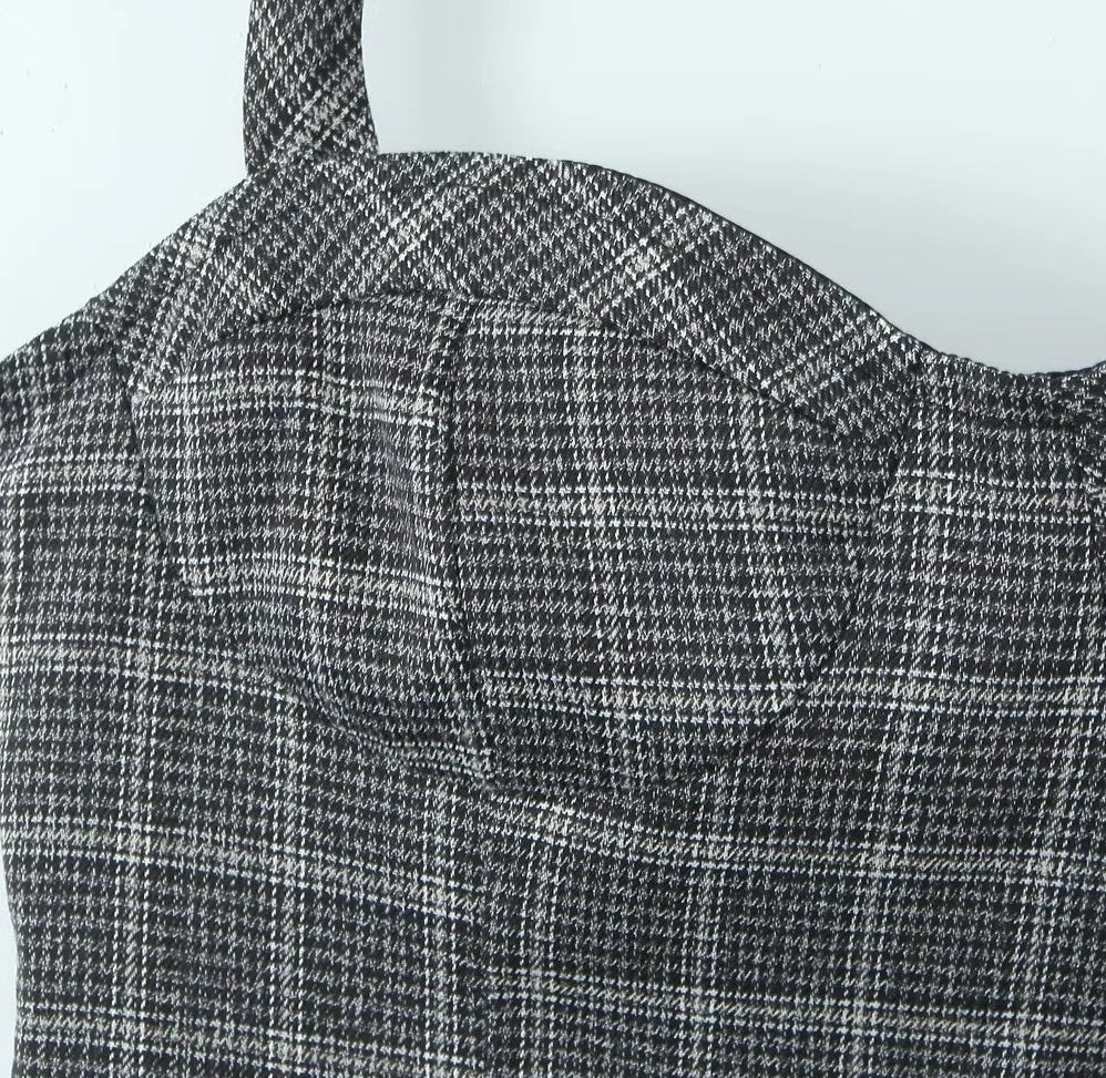 Grey Plaid Lace-Trim Halter Top