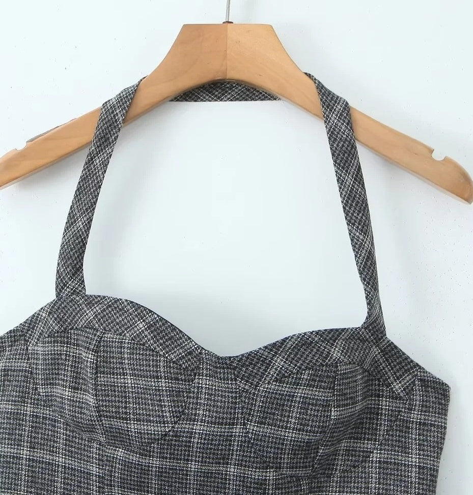 Grey Plaid Lace-Trim Halter Top