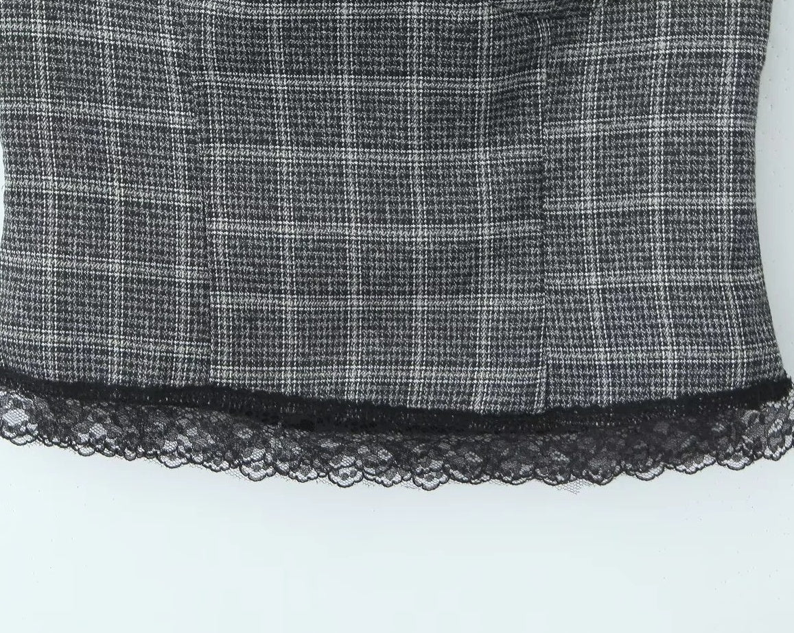 Grey Plaid Lace-Trim Halter Top
