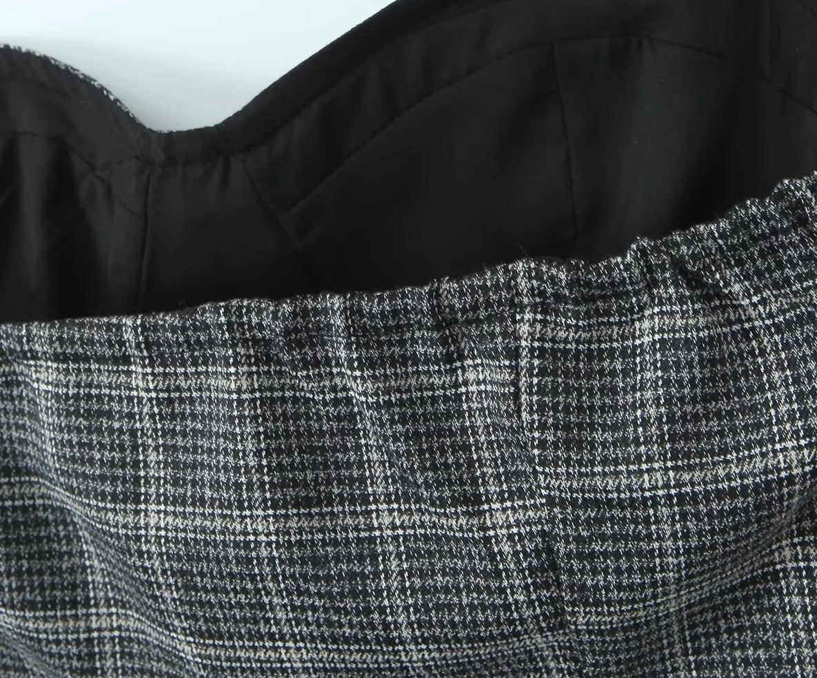 Grey Plaid Lace-Trim Halter Top