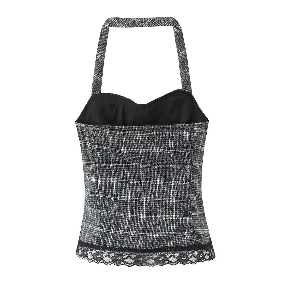 Grey Plaid Lace-Trim Halter Top