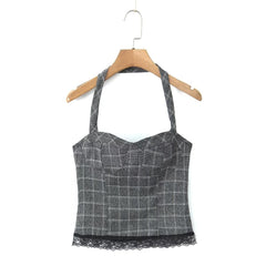 Grey Plaid Lace-Trim Halter Top