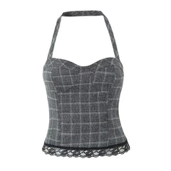 Grey Plaid Lace-Trim Halter Top
