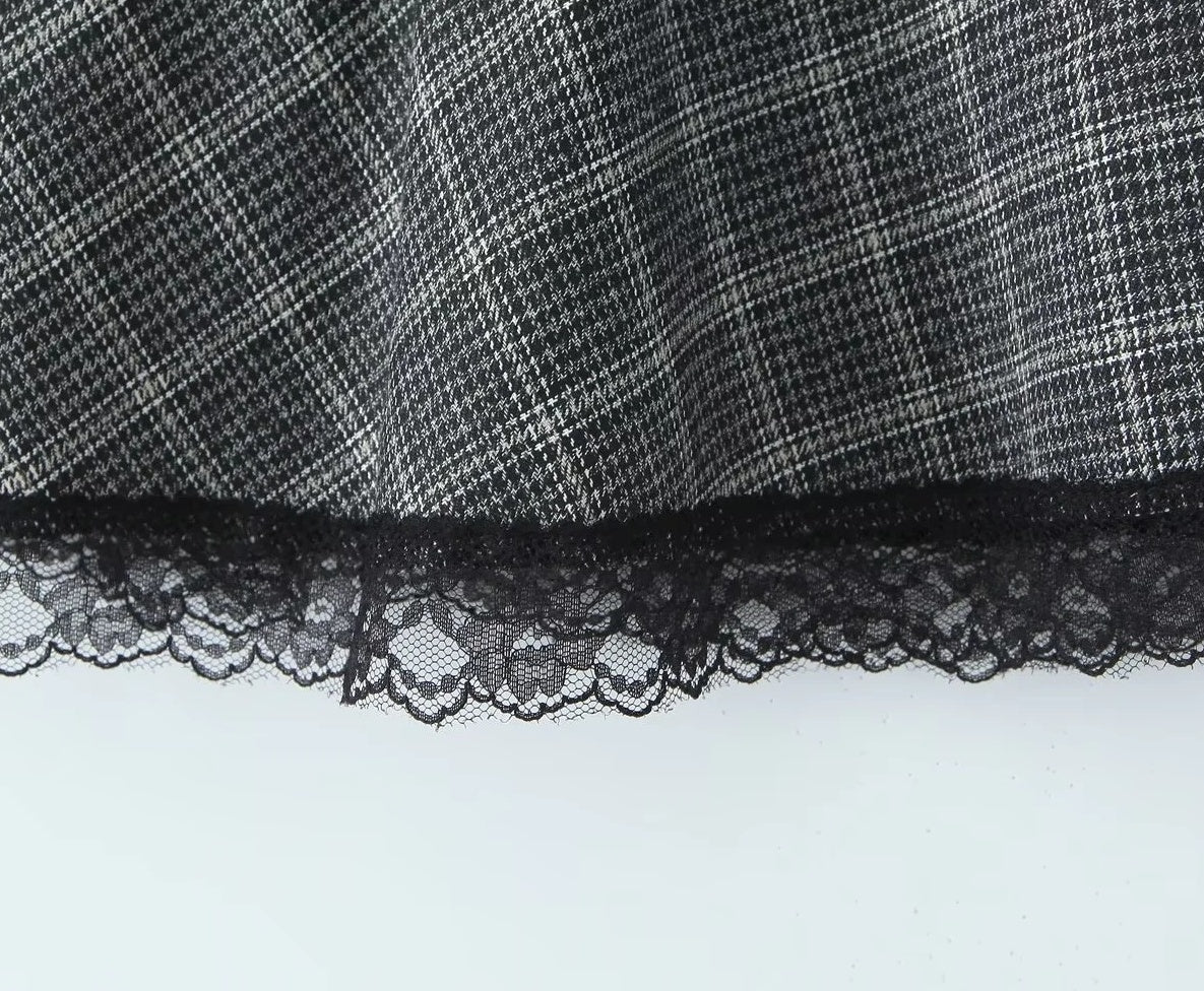 Grey Plaid Lace-Trim Skirt