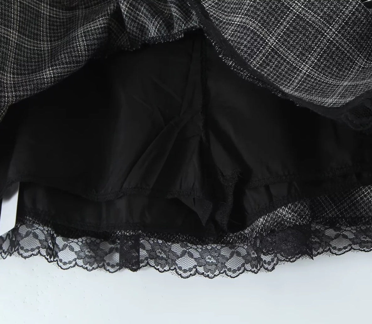 Grey Plaid Lace-Trim Skirt