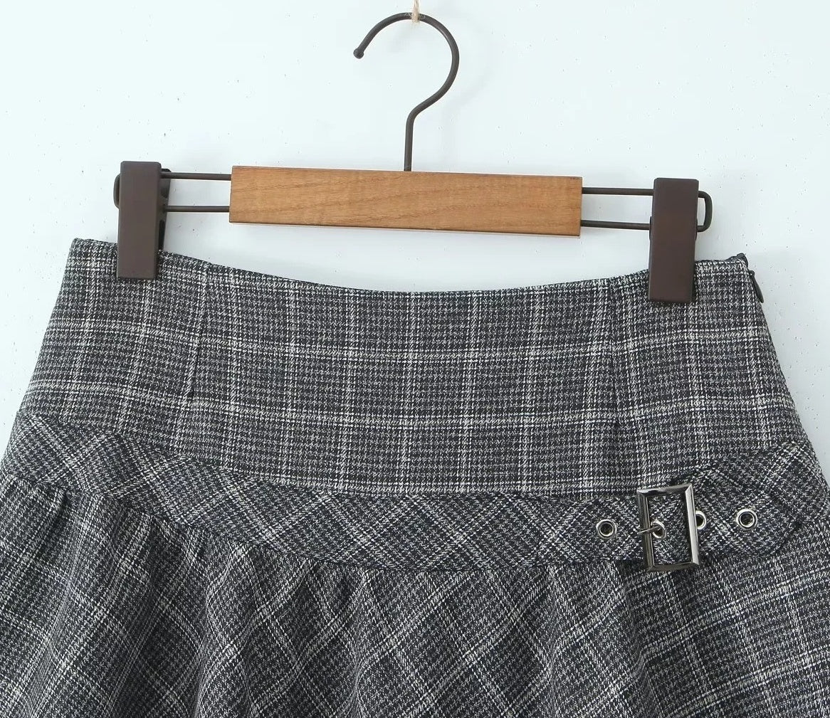 Grey Plaid Lace-Trim Skirt