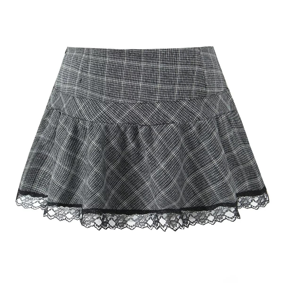 Grey Plaid Lace-Trim Skirt
