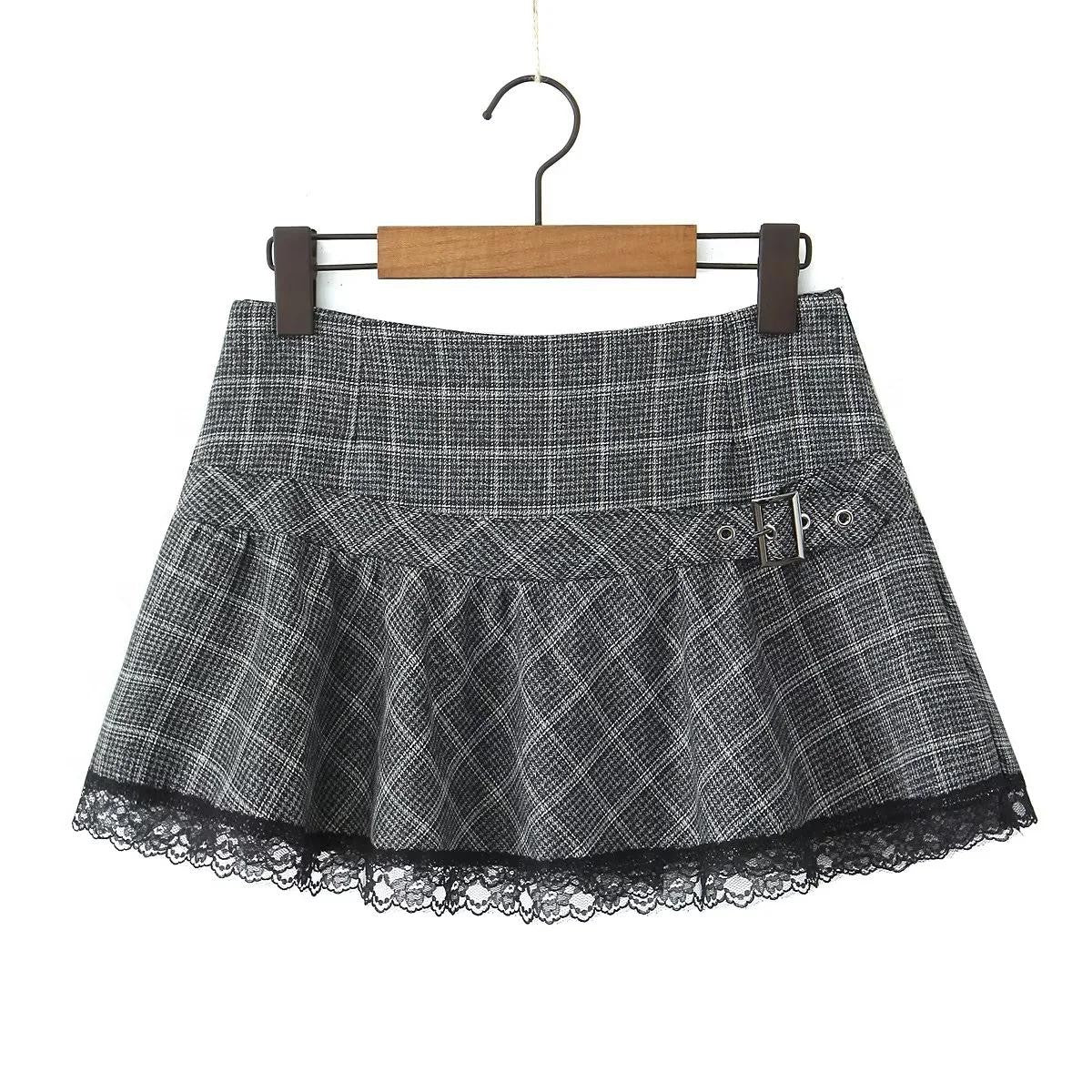 Grey Plaid Lace-Trim Skirt
