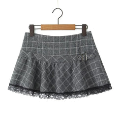 Grey Plaid Lace-Trim Skirt