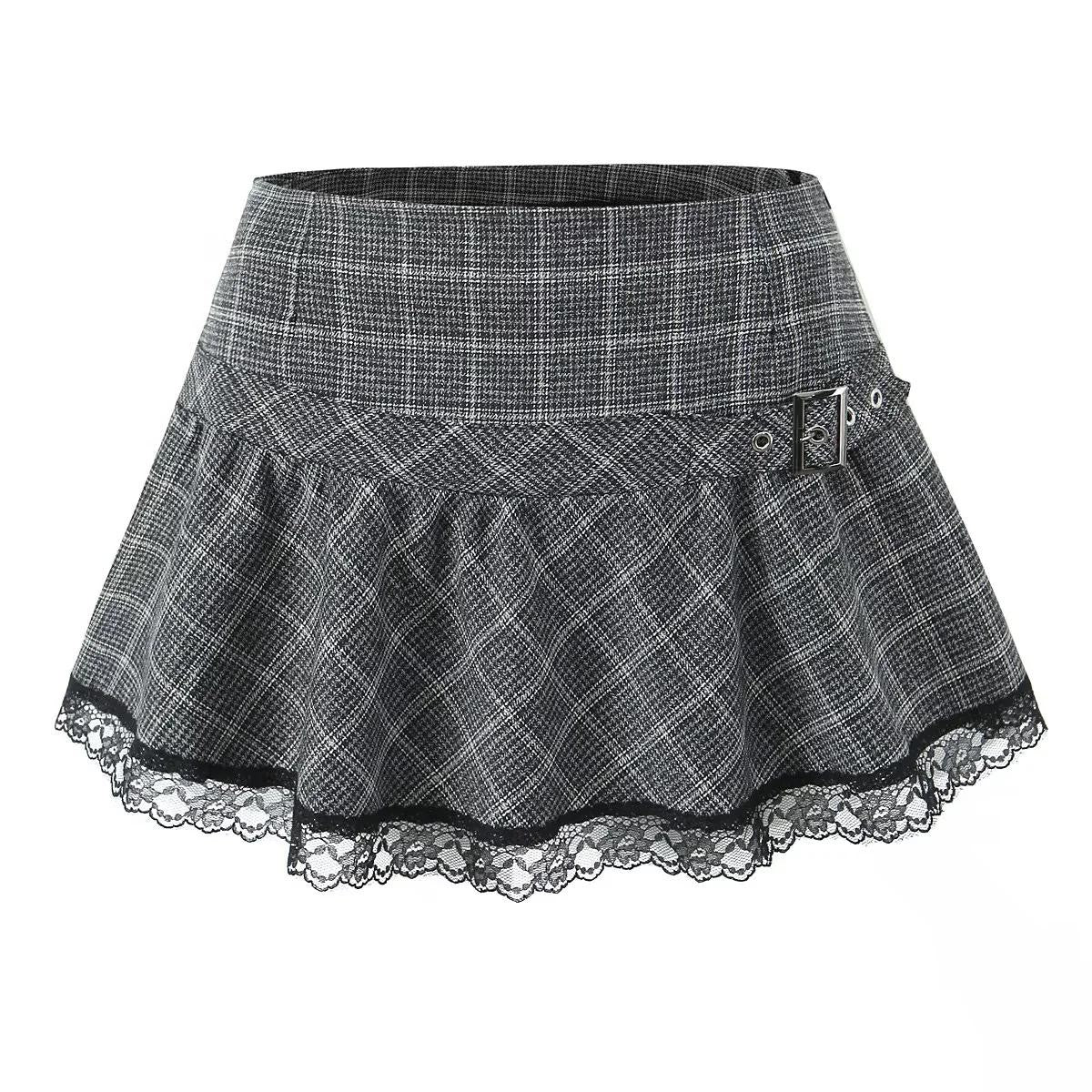 Grey Plaid Lace-Trim Skirt
