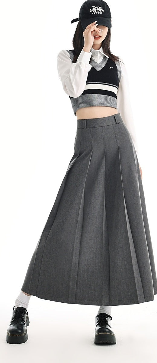 Grey Pleated Long Skirt