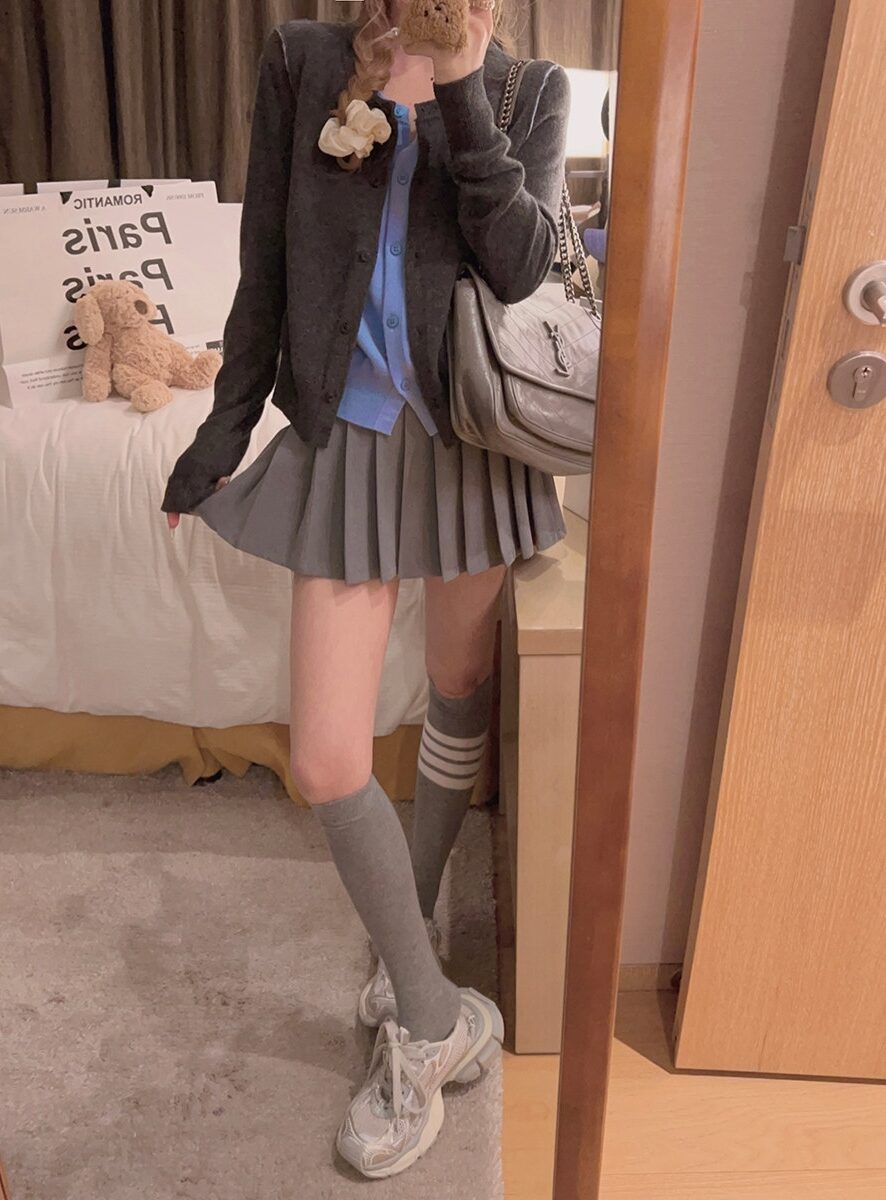 Grey Pleated School Girl Skirt