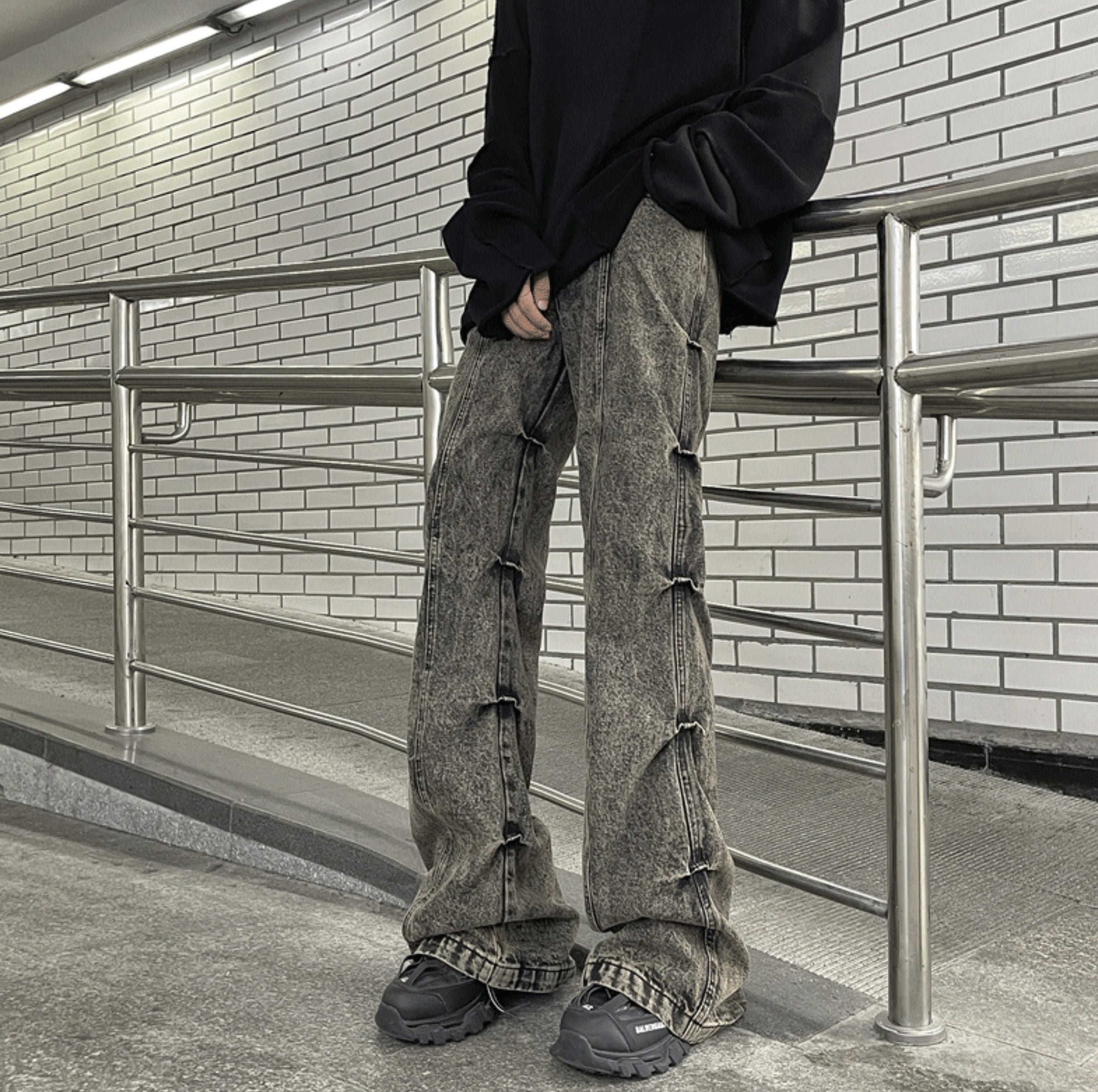Grey Pleated Sides Jeans